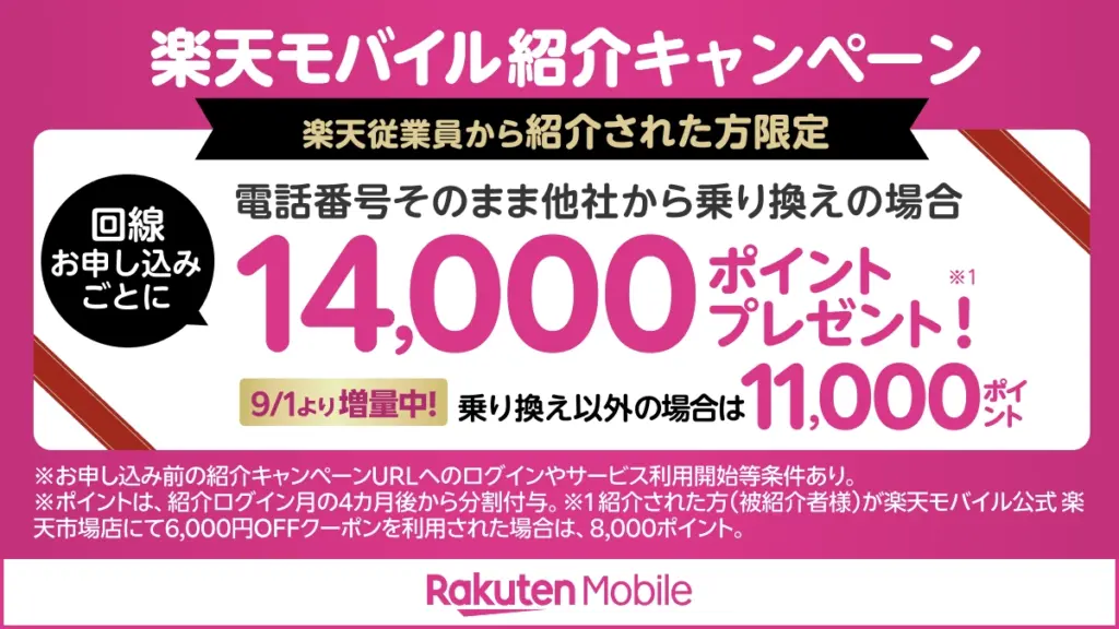 楽天モバイル従業員紹介キャンペーン案内｜最大14,000ポイント特典