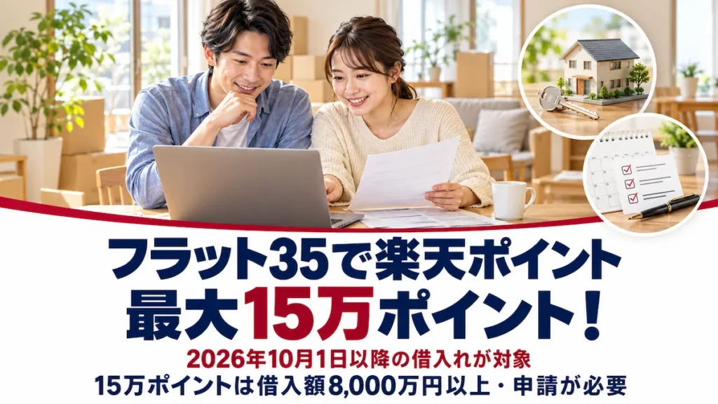 住宅の資料を見る夫婦とフラット35の楽天ポイント特典の案内