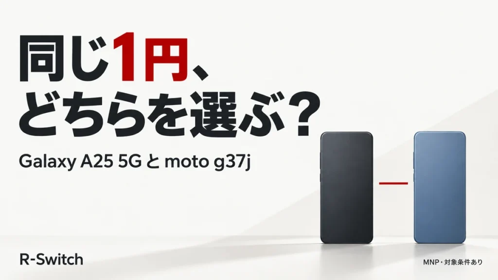 「同じ1円、どちらを選ぶ？」の見出しと、Galaxy A25 5Gとmoto g37jの比較を表す2台のスマートフォンのイラスト
