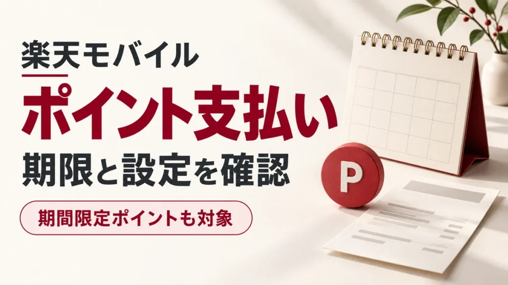 ポイントの印と請求書、カレンダーを配した楽天モバイルのポイント支払い設定と期限の解説画像