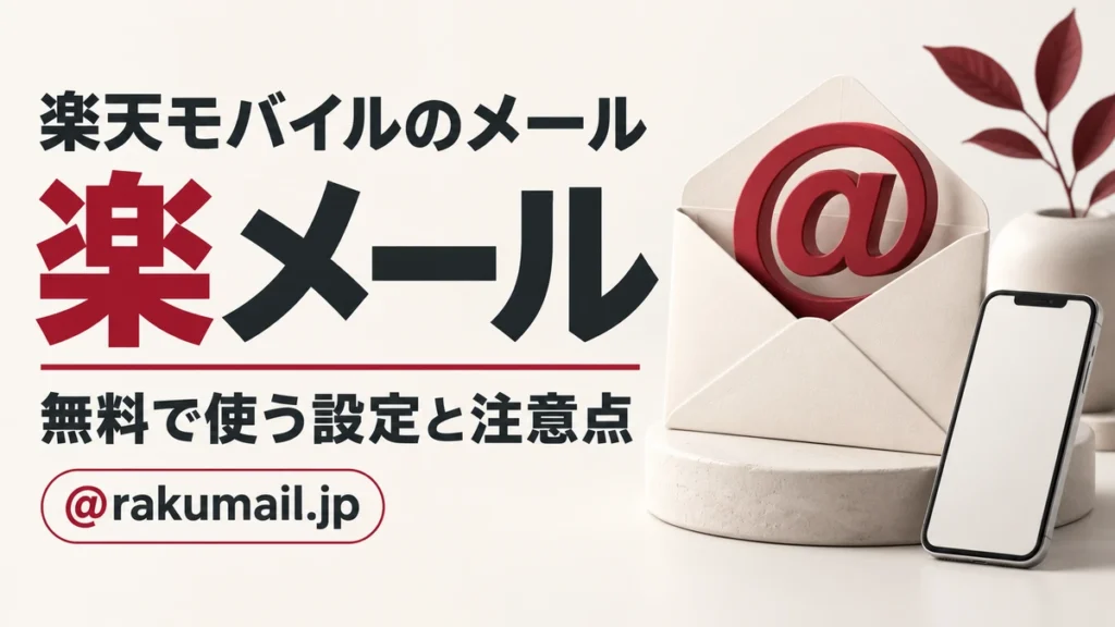 封筒とアットマーク、スマートフォンを配した楽メールの初期設定と無料利用の解説画像