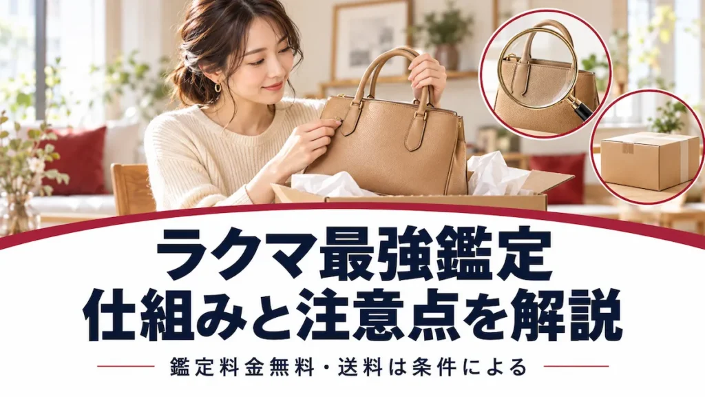 ブランドバッグを確認する女性とラクマ最強鑑定の仕組み・注意点の案内