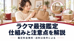 ブランドバッグを確認する女性とラクマ最強鑑定の仕組み・注意点の案内