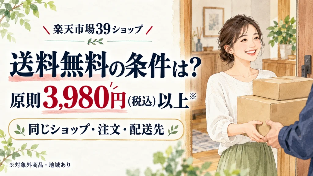 楽天市場39ショップの送料無料ラインと同一ショップ・注文・配送先の条件を案内するアイキャッチ