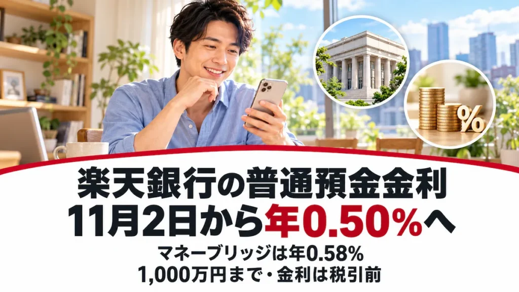楽天銀行の普通預金金利が11月2日から年0.50％になることを紹介するアイキャッチ