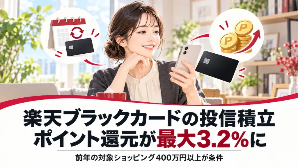 楽天ブラックカードの投信積立が最大3.2％還元になることと、前年の対象ショッピング400万円以上の条件を紹介するアイキャッチ