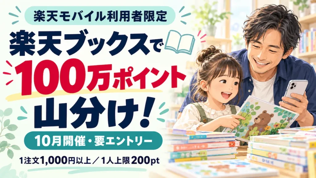 楽天ブックスの楽天モバイル利用者限定100万ポイント山分けを案内し、本を読む親子