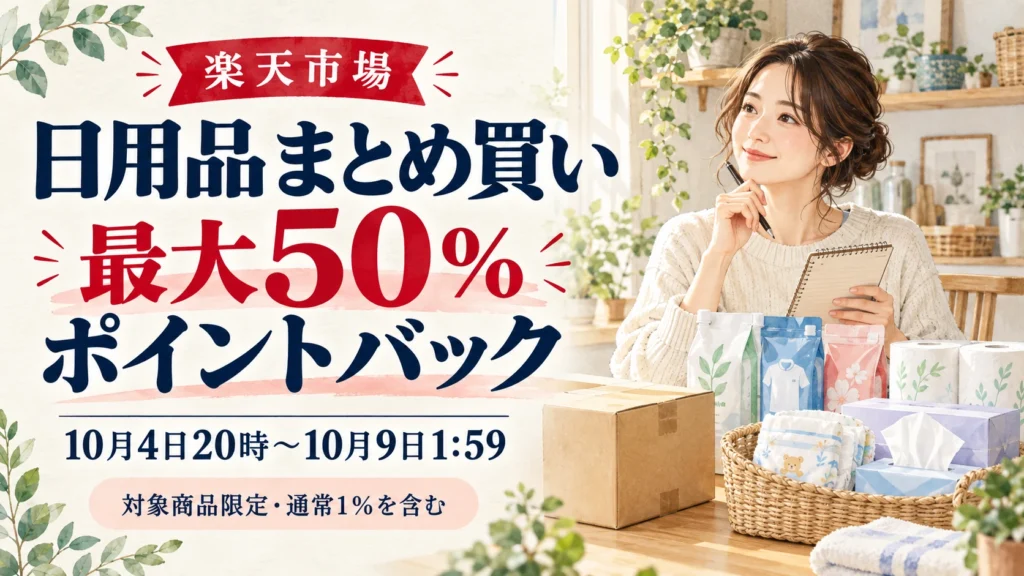 楽天市場の日用品まとめ買いで最大50％ポイントバックを案内し、日用品のストックを整理する女性