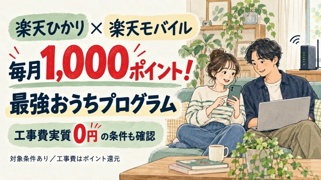 楽天ひかりと楽天モバイルの最強おうちプログラムを案内し、ノートパソコンを見る親子
