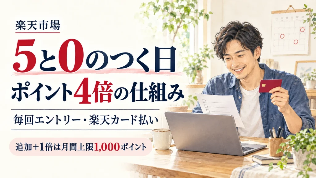楽天市場の5と0のつく日のポイント4倍とエントリー・上限を案内するアイキャッチ