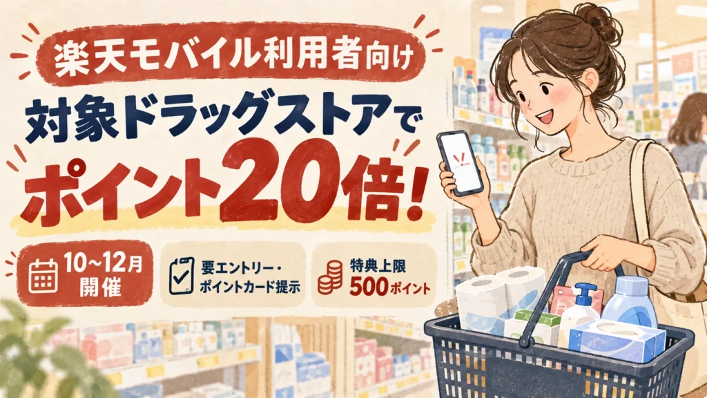 対象ドラッグストアでポイント20倍となる楽天モバイル利用者向けキャンペーンの案内