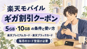 楽天モバイルのギガ割引クーポンの5GB・10GBの条件と使い方を案内するアイキャッチ