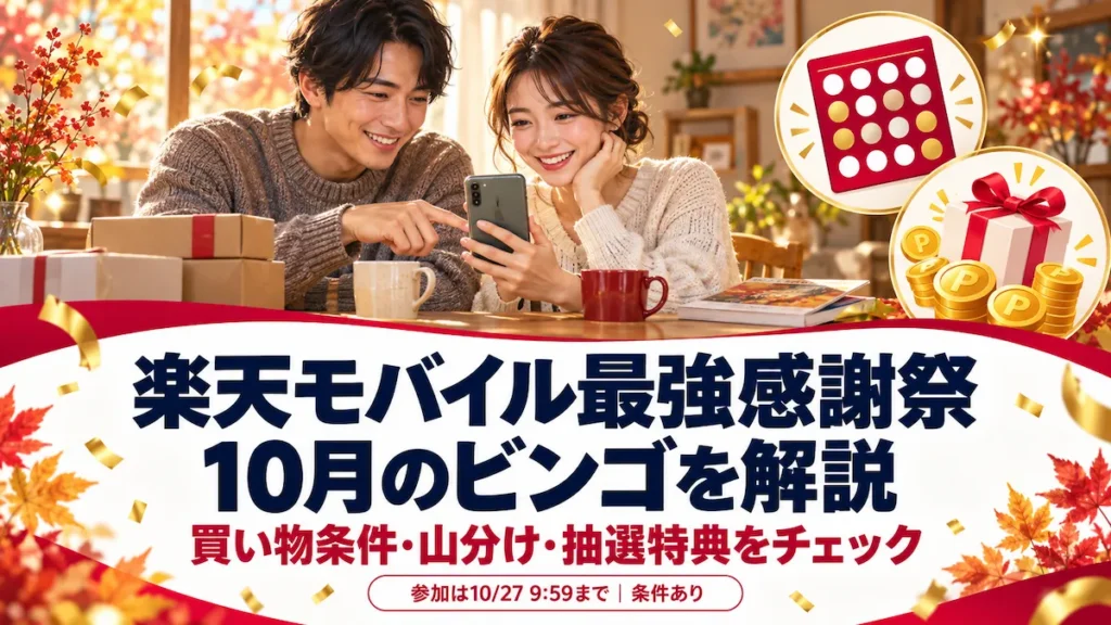 楽天モバイル最強感謝祭の10月のビンゴと買い物条件を案内するアイキャッチ