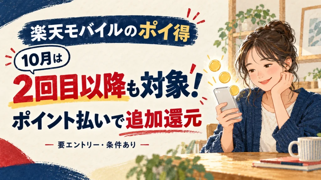 楽天モバイルのポイ得で10月は2回目以降も対象となるポイント払いの追加還元の案内