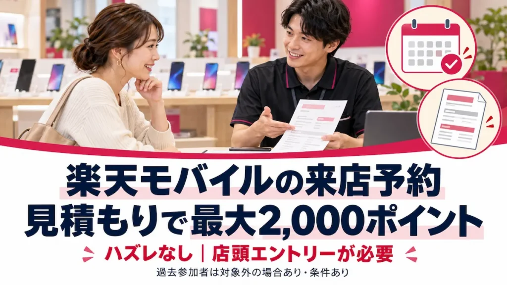 楽天モバイルの来店予約と見積もりで最大2,000ポイントを案内する店頭相談のイラスト