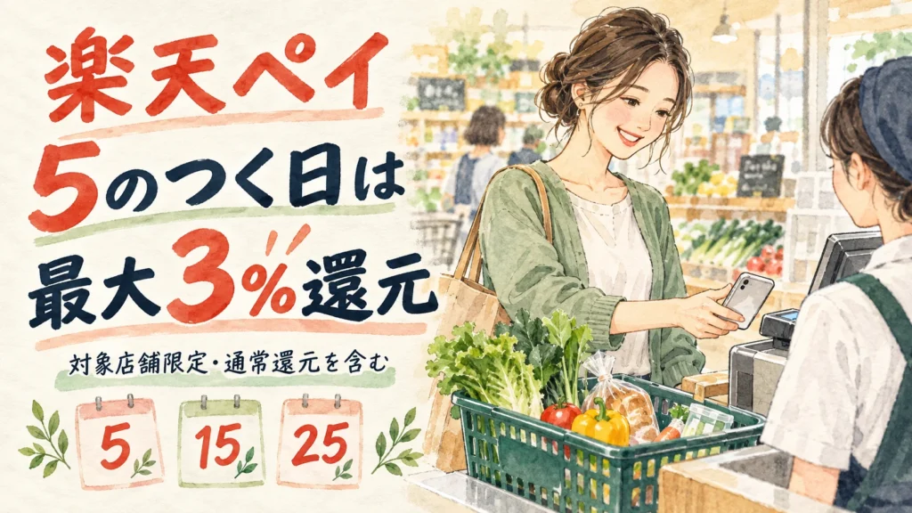 楽天ペイの5のつく日の最大3％還元を案内し、店頭でスマートフォン決済をする女性