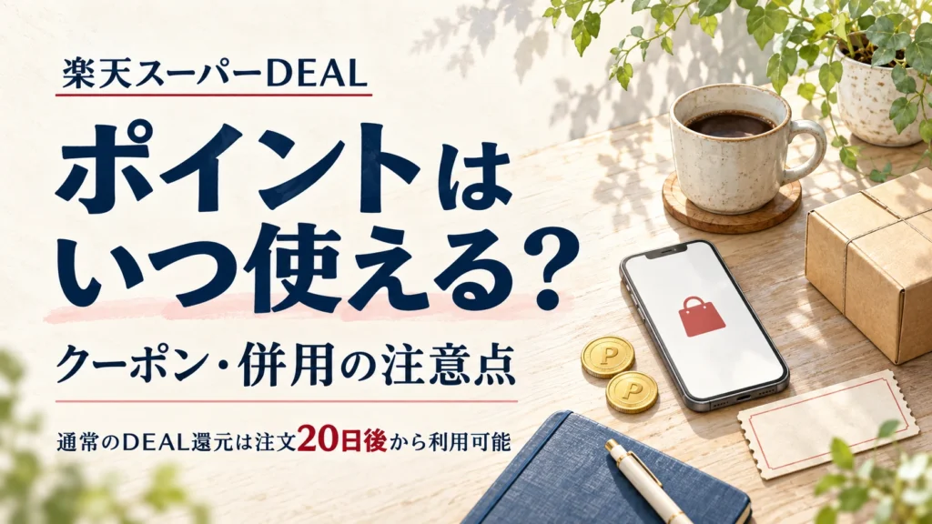 楽天スーパーDEALのポイント利用時期とクーポン・併用の注意点を案内するアイキャッチ