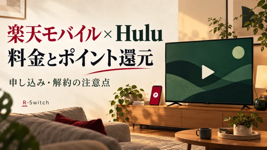 楽天モバイル経由のHuluの料金・ポイント還元・申し込みと解約を紹介するアイキャッチ