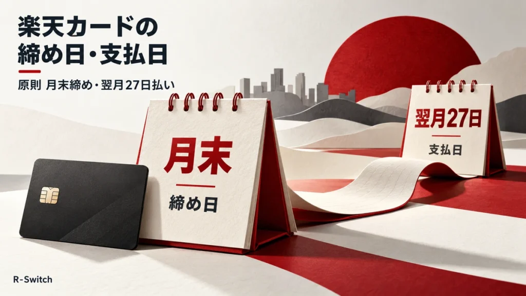 月末の締め日と翌月27日の支払日を、異なる月のカレンダーとカードで表したイメージ