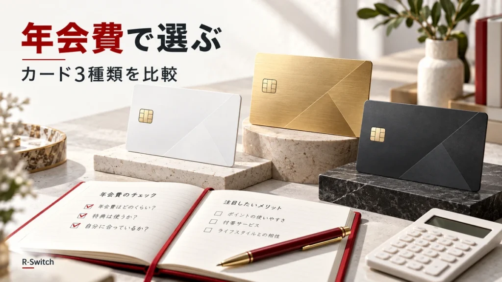 3種類のカードと年会費のチェック用ノートを並べた楽天カード比較のイメージ