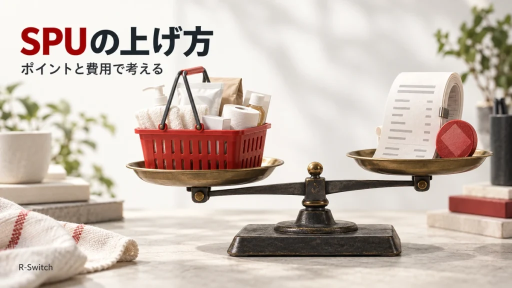 買い物かごと費用の明細を天秤に載せ、SPUのポイントと費用を比べるイメージ