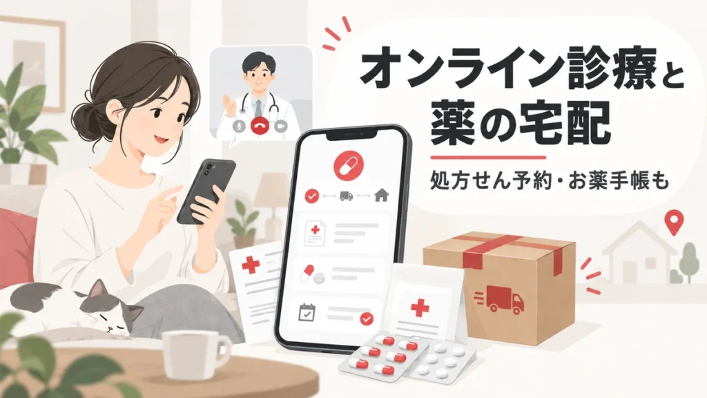 スマートフォンで診療を受ける女性と医師、薬と配送箱を描いたヨヤクスリの解説画像